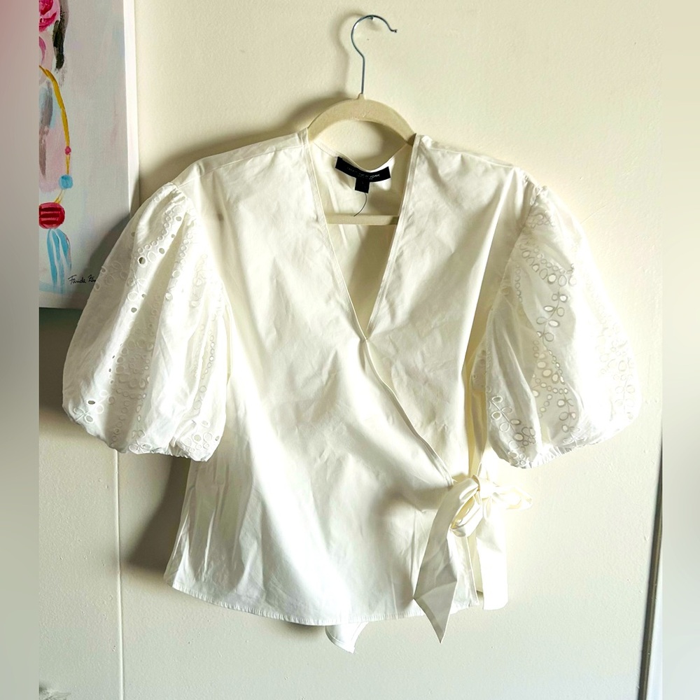 WHITE EYELET COTTON WRAP BLOUSE !